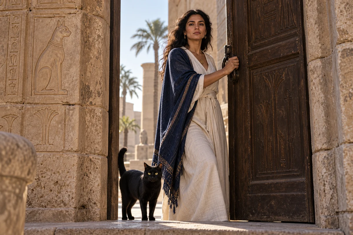 神殿の扉に立つ女性と黒猫。守護と境界のヒーリングを象徴する実写調イメージ